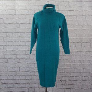Vintage 90s Teal Lambswool Angora Turtleneck Sweater Dress